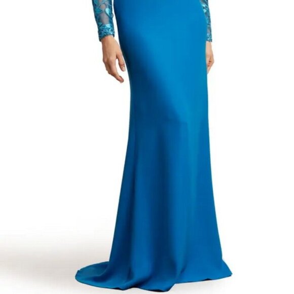 Tadashi Shoji Deep Ocean Blue Sequin Lace Long Sleeve Crepe Gown - Picture 4 of 7